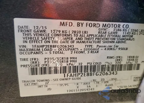 2015 Ford Taurus Sel from USA, damaged, VIN 1FAHP2E88FG206343